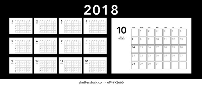Simple calendar Layout for 2018 years. Week starts from Sunday.