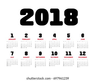 Simple calendar Layout for 2018 years. Week starts from Sunday.