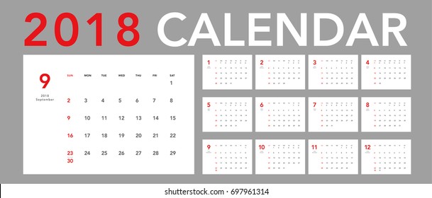 Simple calendar Layout for 2018 years. Week starts from Sunday.