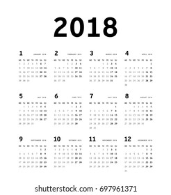 Simple calendar Layout for 2018 years. Week starts from Monday.