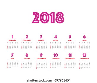 Simple calendar Layout for 2018 years. Week starts from Sunday.