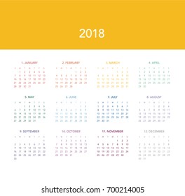 Simple calendar Layout for 2018 years. Week starts from Sunday.