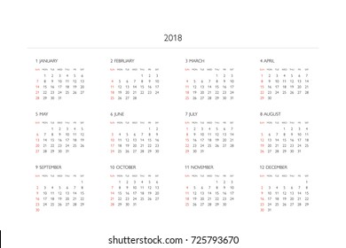 Simple calendar Layout for 2018 years. Week starts from Sunday.