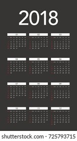 Simple calendar Layout for 2018 years. Week starts from Sunday.