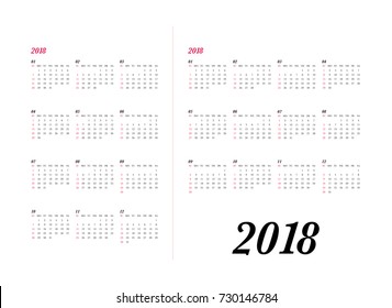 Simple calendar Layout for 2018 years. Week starts from Sunday.