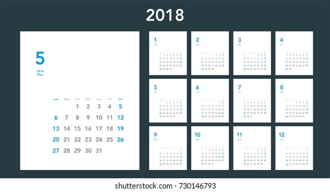 Simple calendar Layout for 2018 years. Week starts from Sunday.