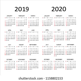 Simple calendar Layout for 2019 and 2020 years. Week starts from Sunday.  Vector illustration.