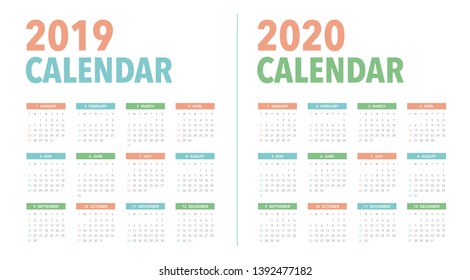 Simple calendar Layout for 2019 and 2020 years. Week starts from Sunday.