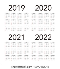 Simple calendar Layout for 2019, 2020, 2021 and 2022 years. Week starts from Sunday.