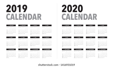 Simple calendar Layout for 2019 and 2020 years. Week starts from Sunday.