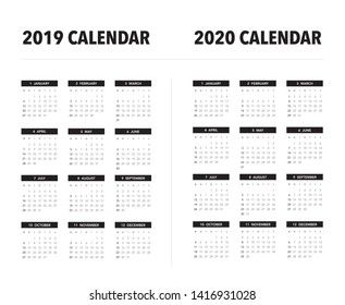 Simple calendar Layout for 2019 and 2020 years. Week starts from Sunday.