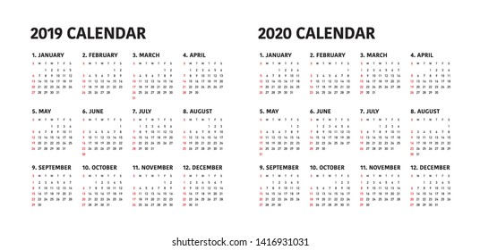 Simple calendar Layout for 2019 and 2020 years. Week starts from Sunday.