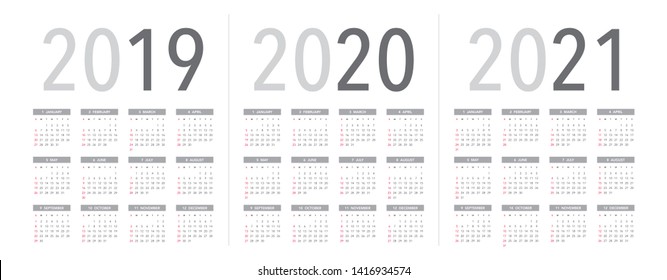 Simple calendar Layout for 2019, 2020 and 2021 years. Week starts from Sunday.