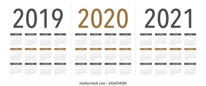 Simple calendar Layout for 2019, 2020 and 2021 years. Week starts from Sunday.