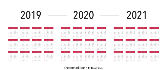 Simple calendar Layout for 2019, 2020 and 2021 years. Week starts from Sunday.