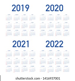 Simple calendar Layout for 2019, 2020, 2021 and 2022 years. Week starts from Sunday.