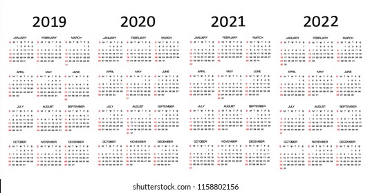 Simple calendar Layout for 2019, 2020,2021 and 2022 years. Week starts from Sunday.  Vector illustration.