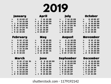 Simple calendar Layout for 2019 year. Week starts on Sunday. Design template