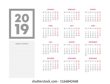 Simple Calendar Layout for 2019 years. Week starts from Monday.
