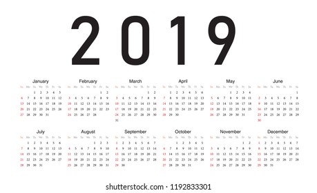 Simple calendar Layout for 2019 years. Week starts from Sunday.