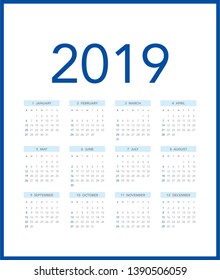 Simple calendar Layout for 2019 years. Week starts from Sunday.