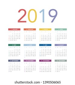Simple calendar Layout for 2019 years. Week starts from Sunday.