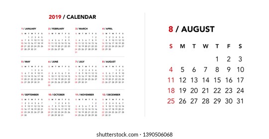 Simple calendar Layout for 2019 years. Week starts from Sunday.