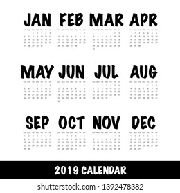 Simple calendar Layout for 2019 years. Week starts from Sunday.