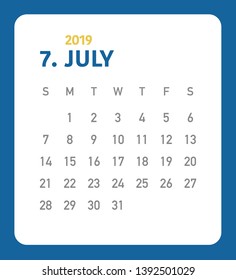 Simple calendar Layout for 2019 years. Week starts from Sunday.