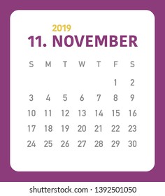 Simple calendar Layout for 2019 years. Week starts from Sunday.