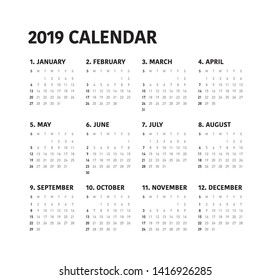 Simple calendar Layout for 2019 years. Week starts from Sunday.