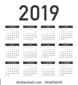 Simple calendar Layout for 2019 years. Week starts from Sunday.