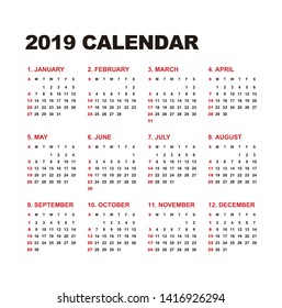 Simple calendar Layout for 2019 years. Week starts from Sunday.