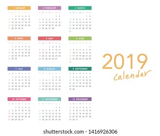 Simple calendar Layout for 2019 years. Week starts from Sunday.