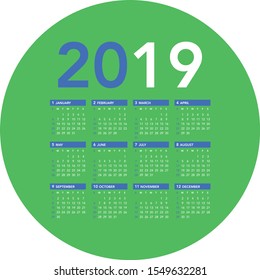Simple calendar Layout for 2019 years. Week starts from Sunday.