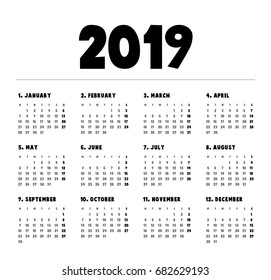 Simple calendar Layout for 2019 years. Week starts from Monday.