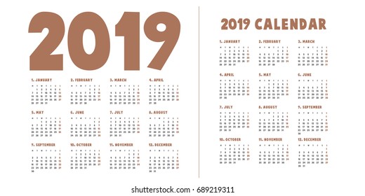 Simple calendar Layout for 2019 years. Week starts from Monday.