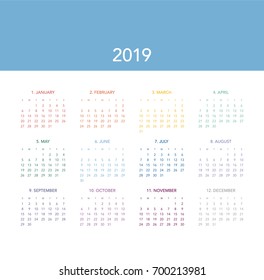 Simple calendar Layout for 2019 years. Week starts from Sunday.