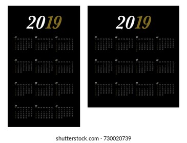 Simple calendar Layout for 2019 years. Week starts from Sunday.
