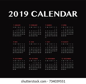 Simple calendar Layout for 2019 years. Week starts from Sunday.