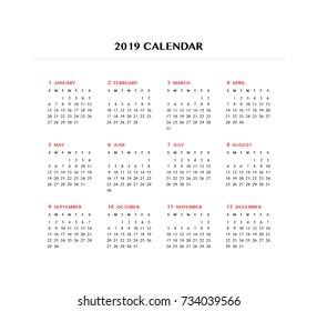 Simple calendar Layout for 2019 years. Week starts from Sunday.