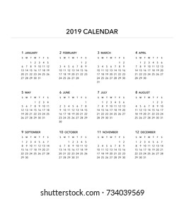 Simple calendar Layout for 2019 years. Week starts from Sunday.