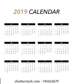 Simple calendar Layout for 2019 years. Week starts from Sunday.