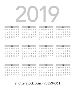 Simple calendar Layout for 2019 years. Week starts from Sunday.