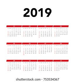 Simple calendar Layout for 2019 years. Week starts from Sunday.
