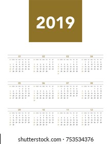 Simple calendar Layout for 2019 years. Week starts from Sunday.