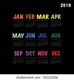 Simple calendar Layout for 2019 years. Week starts from Sunday.