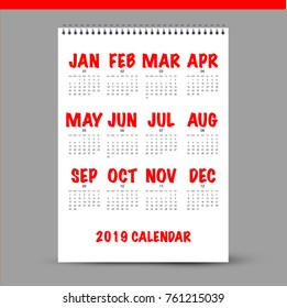 Simple calendar Layout for 2019 years. Week starts from Sunday.