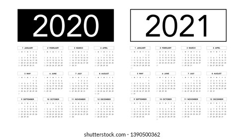 Simple calendar Layout for 2020 and 2021 years. Week starts from Sunday.