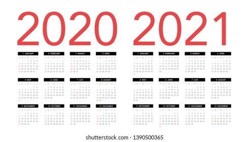 Simple calendar Layout for 2020 and 2021 years. Week starts from Sunday.